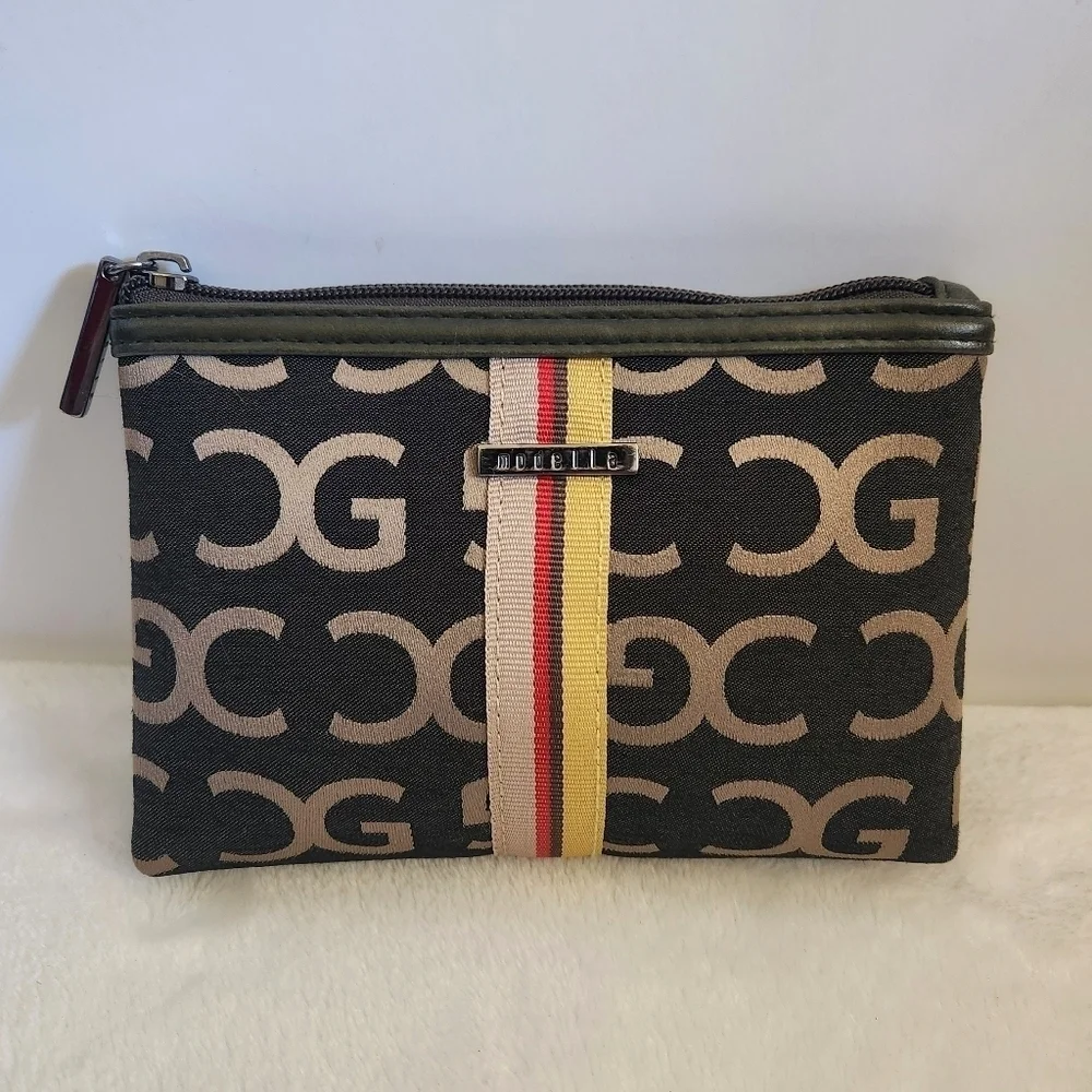 Modella Black Olive Green Logo Striped Cosmetic Bag Pouch